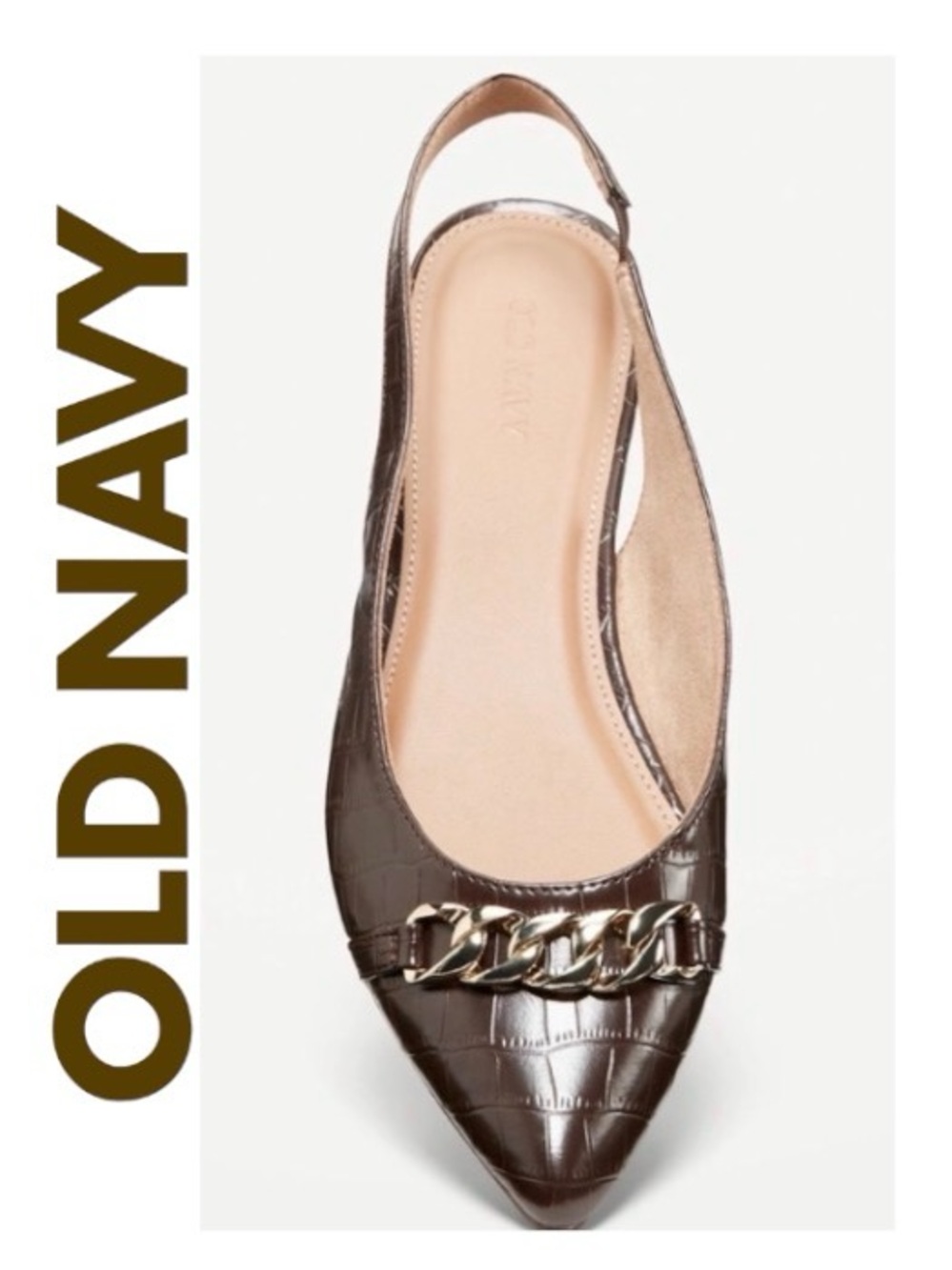 Old Navy Faux Leather Crocodile Slingback Flats with Gold Chain Detail, Size 9